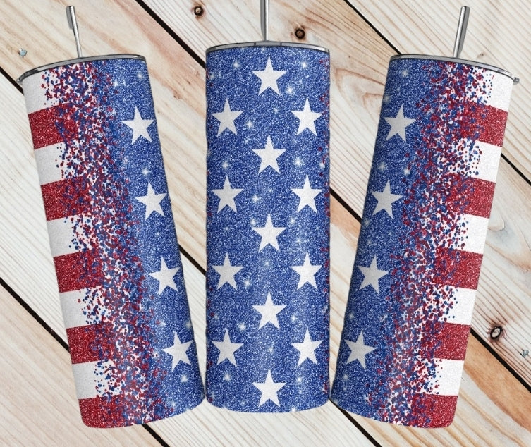 Red White and Blue Glitter Flag Tumbler
